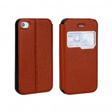 iPhone 4 4s - Genuine Leather Smart Window View Front Flip Stand Protective Phone Cover Case - Brown